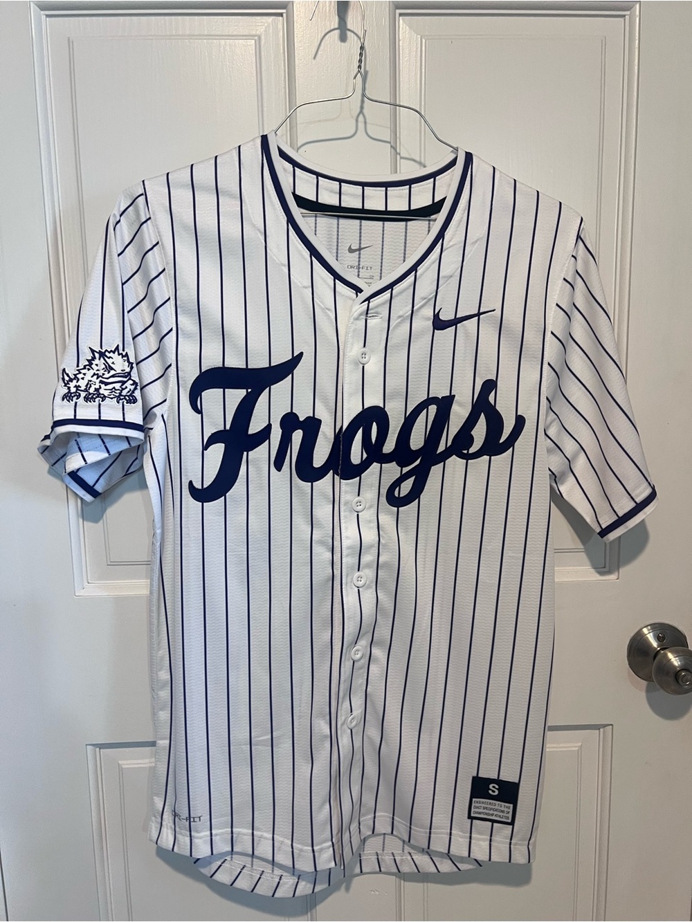 Nike White and Navy 'Frogs' Pinstripe Baseball Jersey